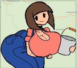 1girls ass big_ass big_breasts big_butt black_eyes breasts brown_hair bucket butt clothing desiredelta girls_only human jeans mary_(desiredelta) no_sex pixel_(artwork) pixel_art pixelated red_clothing smile smile_at_viewer smiley_face wplace wplace_(artwork)