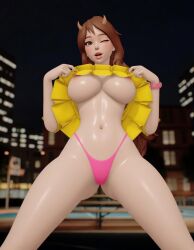 3on3freestyle ox_queen pulling_up_shirt brown_hair brown_eyes pink_thong posing posing_for_the_viewer 3d_render ai_art ai_generated 1girl female breasts big_breasts big_tits round_breasts round_tits