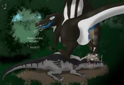 absurd_res allosaurid allosauroid allosaurus animal_genitalia anus black_body black_markings blue_anus blue_eyes blue_penis blue_tongue blush bone bones_in_feces breath_fog claws dialogue dinosaur disposal dominant dominant_feral dominant_male dromaeosaurid duo feathers feces feces_in_ass feces_on_body feces_on_face feces_pile feet feral forest_background fur genital_slit genitals grey_body grey_fur hi_res lying lying_on_ground male male/male markings on_front on_ground orange_eyes penis plant pooping prehistoric_species reptile saurischian scales scalie scat_disposal scutes sharp_teeth skull sorrel_(sorrelbirdy) sorrelbirdy(artist) spinosaurid spinosaurus steam submissive submissive_feral submissive_male talons taunting teeth theropod toes tongue valyavelocryr white_body