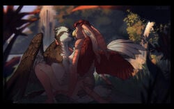 anthro anthro_on_anthro anthro_penetrated anthro_penetrating anthro_penetrating_anthro areola avian bird breasts day detailed_background digital_media_(artwork) female female_penetrated grass gryphon hi_res male male/female male_penetrating male_penetrating_female mythological_avian mythology nipples outside ozawk_(character) penetration plant runasolaris sky waterfall