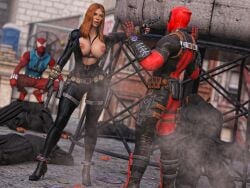 3d 3d_(artwork) 3d_render black_widow_(marvel) breasts celebrity danp danp3d daz_studio deadpool gun heel_boots heels hi_res high_quality high_resolution highres huge_breasts long_hair marvel marvel_cinematic_universe marvel_comics open_clothes open_clothing open_topwear red_nails scarlet_spider scarlett_johansson spider-man spider-man_(series)