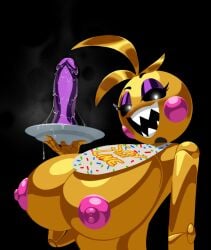 animatronic anthro avian bib big_breasts bird black_background breasts chicken dildo eyeliner female five_nights_at_freddy's five_nights_at_freddy's_2 galliform glistening glistening_body joints latex low-angle_view lubed_sex_toy machine makeup meal nipples nude phasianid pink_cheeks pink_nipples plate purple_dildo reflective_body robot round_head scottgames sex_toy sharp_teeth sillyseacreatur simple_background simple_face smile smug smug_face solo steam teeth toy_chica_(fnaf) wet wet_dildo yellow_body