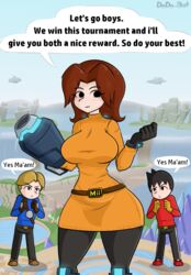 alternate_breast_size among_us battlefield_(super_smash_bros) black_eyes black_gloves black_legwear breasts brown_hair cameo clothed clothing dodo-bot english_text female female_focus gloves large_breasts legwear male meme mii mii_brawler mii_gunner mii_gunner_(smash_4) mii_swordfighter mob_face nintendo secret_amogus speech_bubble standing super_smash_bros. super_smash_bros._for_nintendo_3ds_and_wii_u sus sussy text when_you_see_it