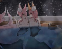 tamamo_no_mae_(fate) character:kinu_no_mae fate_(series) fate/grand_order fate/extra fate/extra_ccc original original_character oc kitsune 9_tails fox_ears fox_tail pink_hair yellow_eyes golden_eyes wife wedding_ring mother_and_daughter onsen dango hair_ornament hairclip large_breasts self_upload kitsune_no_shujin patreon patreon_username night towel towel_only