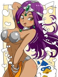 ketsumoa 2026 dragon_quest dragon_quest_iv maya_mahabala 1girls female dark_skin dark-skinned_female purple_hair long_hair brown_eyes blush earrings arm_behind_head looking_back smile jewelry forehead_jewel circlet metal_bikini loincloth japanese_text <3 musical_note bracelets