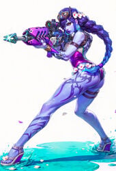 1girls ai_generated arm_tattoo ass blue_hair braid breasts colored_skin earrings flower from_side full_body goggles goggles_on_head gun hair_flower hair_ornament high_heels holding holding_gun holding_weapon jewelry long_hair looking_at_viewer medium_breasts nail_polish one-piece_swimsuit overwatch philon purple_hair purple_lips purple_skin rifle sandals simple_background smile sniper_rifle solo stable_diffusion swimsuit tattoo thigh_strap toenails very_long_hair water weapon white_background widowmaker widowmaker_(overwatch) yellow_eyes