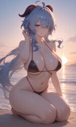 1girls ai_generated beach beach_background bikini hair_over_one_eye impacter looking_at_viewer on_beach shadow sitting sitting_on_floor sitting_on_san sitting_on_sand smiling sun_set sunset 1girl ganyu_(genshin_impact) genshin_impact curvy curvy_female curvy_figure curvy_body boobs mommy mommy_milkers thighs blue_hair purple_eyes long_hair goat_horns horn horns