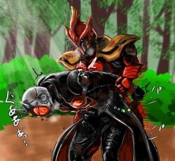 2boys anal anal_sex armor armored_male belt bent_forward bent_over blue_eyes bodysuit_bulge breath_cloud defeat_rape defeated defeated_hero erect_penis erection erection_under_bodysuit forest forest_background gay gay_anal gay_domination gay_rape gay_sex grabbing_arm grabbing_from_behind heavy_breathing helmet japanese_text kamen_rider kamen_rider_wizard kamen_rider_wizard_(series) laughing male male/male male_focus male_only mask masked masked_male moaning monster monster_boy monster_on_human monster_on_male motion_lines onomatopoeia phoenix phoenix_(kamen_rider_wizard) plap rape raped_by_enemy red_armor red_eyes ring robe robes sex_from_behind standing standing_sex text tremble_lines tremble_spikes trembling twitching twitching_penis villain_on_hero yaoi