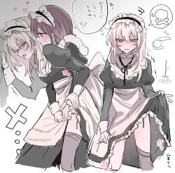 2girls absurdres apron black_dress black_thighhighs blush brown_hair commentary dress female/female female_only fingering girls_band_cry gradient_background grey_background grey_eyes grey_hair hamchan69 heart highres iseri_nina juliet_sleeves kawaragi_momoka lesbian long_hair long_sleeves maid maid_apron maid_headdress mop multiple_girls puffy_sleeves pussy_juice reach-around speech_bubble sweat thighhighs translation_request yuri