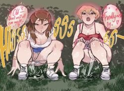 2girls ass ass_out biku blonde_hair blue_skirt breasts brown_hair cleavage daughter daughter_(biku) english_text female large_breasts long_hair mother mother_(biku) mother_and_daughter onomatopoeia open_mouth original original_character panties panty_pull pee_squat_outdoors peeing peeing_together pussy red_tank_top shiny_skin shirt shoes short_hair short_sleeves skirt skirt_lift sneakers speech_bubble squatting stained_panties striped_panties tank_top text text_bubble underwear white_panties white_shirt white_shoes white_skirt white_sneakers