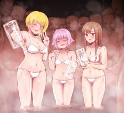 3girls 6+boys ;d absurdres armpits bald beer_mug bikini blonde_hair blush breasts brown_hair closed_eyes clothed_female_nude_male collarbone commentary_request cup faceless faceless_male hair_flaps halterneck hand_on_own_penis highres holding holding_cup idolmaster idolmaster_cinderella_girls koshimizu_sachiko long_hair looking_at_viewer medium_breasts miyamoto_frederica mizumoto_yukari mug multiple_boys multiple_girls navel nude one_eye_closed onsen purple_hair side-tie_bikini_bottom small_breasts smile steam stomach straight_hair swimsuit thighs tomawarinosuizou trembling v wading white_bikini