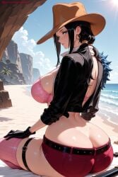 1girl ai_generated ass back bangs beach belt black_hair blue_eyes blue_sky bra breasts cloud day female female_only gloves hat hi_res high_quality high_resolution large_breasts long_hair looking_at_viewer looking_back nico_robin one_piece outdoors patreon seductive sexy short_shorts shorts sitting skindentation sky solo sunlight thighhighs uncensored underwear watermark