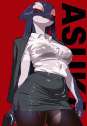 1girls female female_only solo looking_at_viewer black_sclera red_eyes smiling smiling_at_viewer kissrabbit_s2 asuka_(kissrabbit_s2) aquatic cetacean dolphin mammal oceanic_dolphin orca toothed_whale 2025 digital_media_(artwork) anthro bottomwear bra breasts clothing collared_shirt curvy_figure dress_shirt eyelashes gun holding_gun holding_object holding_ranged_weapon holding_weapon lace_bra legwear looking_down looking_down_at_viewer miniskirt multicolored_body ranged_weapon red_background shirt simple_background skirt slim small_waist standing stockings text tight_clothing topwear two_tone_body underwear weapon wet wet_clothing wet_shirt wet_topwear pantyhose