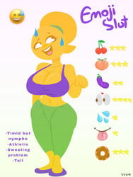 anthro athletic athletic_female big_breasts breasts character_profile character_sheet cleavage curvaceous curvy eggplant eggplant_emoji emoji emoji_(race) emoji_slut emojifam_(sssir8) female female_focus female_only humanoid large_ass large_breasts larger_female no_outlines ponytail rating slobbyslapper sports_bra sssir sssir8 sweat sweatdrop taller_girl tank_top text tight_clothing yellow_body yellow_hair yoga_pants