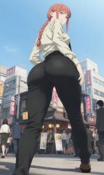 makima_(chainsaw_man) chainsaw_man anime city red_hair round_ass round_butt white_shirt black_pants pawg ai_generated ai_art low-angle_view low_angle