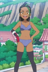 1girls blue_bra blue_panties bra brown-skinned_female brown_skin female female_only nemona_(pokemon) panties pokemon pokemon_sv screenshot_edit underwear underwear_only