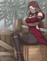 1girls absurdres arms_behind_back bare_shoulders bondage bound bound_ankles bound_arms bound_legs box breasts brown_hair cleavage crate dorothea_arnault dress earrings female femsub fire_emblem fire_emblem:_three_houses forest gag gagged green_eyes helpless highres improvised_gag jewelry large_breasts long_hair looking_at_viewer nintendo outdoors pine_tree post-timeskip red_dress rope rope_bondage ryner-e sitting sleeveless sleeveless_dress solo tape tape_gag taped_mouth tied tied_up tree