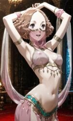 haru_okumura persona persona_5 ai_generated belly belly_button belly_dancer belly_dancer_outfit stomach tummy midriff exotic_dancer nipples pink_clothing dancing happy brown_hair brown_eyes short_hair anime armpits perky_breasts jewelry mouth_veil smile sheer see-through see-through_clothing seductive seduction skimpy_clothes arms_up slim_waist hips