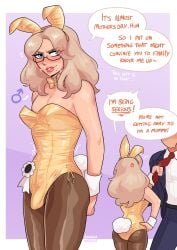 2boys anger_vein ass big_meat_(loggus_doggus) blue_eyes blush brown_hair bulge bunny_ears bunny_tail bunnysuit crossdressing cuffs_(clothing) detached_collar dialogue english_text eyelashes femboy feminine_male girly glasses loggus_doggus long_hair looking_at_viewer male male_only mole mole_under_mouth neck_ribbon original penis_bulge red_lipstick speech_bubble talking_to_viewer thick_thighs very_high_resolution wrist_cuffs