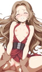 1boy 1girl baji_toufuu_(bajitohfu) blush brown_hair censored clenched_teeth closed_eyes clothing_aside code_geass commentary_request dress dress_aside facing_viewer hetero highres holding_another's_wrist long_hair mosaic_censoring nipples nunnally_vi_britannia penis pov pov_crotch pussy red_dress sex simple_background solo_focus teeth thighs vaginal white_background