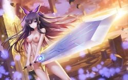 ass_length_hair big_breasts collarbone date_a_live hair_between_eyes nude_female nude_filter particles pinterest princess purple_eyes purple_hair pussy shoulders sword swordswoman throne yatogami_tohka