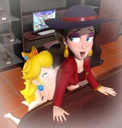 princess_peach pauline pauline_(mario) yuri fawful69 anilingus 3d_render 2girls female_only blue_eyes blonde_hair brown_hair freckles sweat mario_(series) nintendo ass_sniffing rimming
