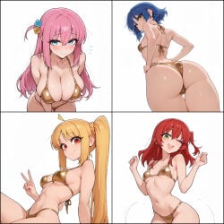 1girl long_hair medium_hair medium_breasts big_breasts breasts navel ass big_ass big_hips eyelashes eyebrows smooth_skin solo solo_focus solo_female female female_only female_focus looking_at_viewer cleavage ai_generated velfur_(artist) smile shy emotionless embarrassed happy bocchi_the_rock! gotou_hitori naked nude bikini bikini_top bikini_bottom gold_bikini gold pink_hair blue_hair red_hair blonde_hair blonde_female blonde short_hair blue_eyes hair hair_ornament yellow_eyes green_eyes red_eyes kita_ikuyo yamada_ryou ijichi_nijika hair_clips mole mole_under_eye ass_focus ass_view dynamic_pose dynamic_angle small_breasts pose
