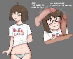 1girls 2boys 2d 2d_(artwork) ahoge black_eyes blank_background blush breath brown-haired_female brown_hair brown_hair_female closed_mouth clothed clothing color dialogue dominant_male english_text ethicalgooner2007_(kryptraider) female female_focus femsub glasses gray_background grey_background hetero human human_only internet_controversy light_skin looking_at_partner looking_at_viewer male male_pov male_pubic_hair maledom original panties pov pubic_hair pulling_panties shirt simple_background spanish_text straight striped_panties submissive_female text tongue tongue_out twitter twitter_link white_shirt zero_dead_zone