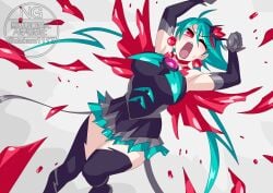 baku_yorozu big_breasts breasts dress earrings genderswap gloves green_hair kamen_rider kamen_rider_zeztz kamen_rider_zeztz_(series) long_gloves long_stockings otokam1117 red_eyes rule_63 stockings tagme tokusatsu