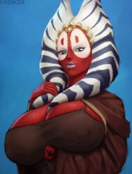 1girls alien big_breasts blue_background blue_eyes breasts cloak clothed clothing eyelashes facial_markings female female_only firenger huge_breasts humanoid jedi looking_at_viewer montrals red_skin shaak_ti solo solo_female star_wars togruta