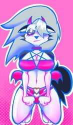 1girls abunbot anthro blush breasts canid canid_demon canine clothed clothing collar demon female fur grey_body hellhound helluva_boss hi_res loona_(helluva_boss) mammal piercing red_sclera solo vivienne_medrano white_body white_fur