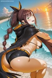 1girl ai_generated ass beach bikini bikini_top black_bikini black_cape blush braid breasts brown_hair cape day green_eyes hi_res high_quality high_resolution hood hood_down horizon long_hair looking_at_viewer looking_back ocean open_mouth outdoors patreon ponytail savvyraexo seductive sexy shaula_(re:zero) shiny shiny_clothes shiny_skin shorts sky smile solo swimsuit thighs uncensored very_long_hair water watermark