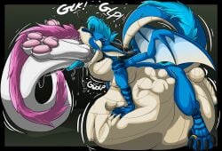 abdominal_bulge absurd_res almost_fully_inside anthro balls black_claws black_horn blue_body blue_hair blue_mane blue_scales blue_tongue bulge claws derilect_(artist) digit_ring dragon drembonaarkrah duo ear_piercing eyes_closed feet feral genitals hair head_first hi_res horn jewelry male male/male male_prey mane mythological_creature mythological_scalie mythology nylla oral_vore pawpads paws_in_maw paws_outside penis piercing pink_mane pink_pawpads predator/prey prey_imprint ring scales scalie size_difference smaller_pred swallowing tail_outside tan_body tan_chest toe_ring toes tongue ventral_scales vore white_body wings