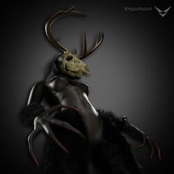 american_mythology anthro arm_tuft black_body black_fur bone breasts claws female feral fur genitals grey_background grey_body grey_skin hi_res horn indigenous_north_american_mythology leg_tuft mythology nipples north_american_mythology nypull simple_background skull skull_head solo tuft vulva wendigo wet wet_body