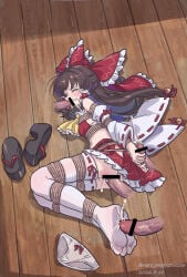 1girl 4boys absurdres arms_behind_back ascot ass bar_censor bdsm black_sandals bondage bound bound_legs bound_thighs bound_wrists bow brown_hair censored chinese_commentary closed_eyes clothing_cutout commentary_request commission cum cum_in_mouth cum_in_pussy cum_on_body cum_on_feet cum_on_hands cum_overflow detached_sleeves ejaculation erection facial fellatio footjob footjob_with_legwear frilled_bow frilled_hair_tubes frilled_skirt frills gangbang group_sex hair_bow hair_tubes hakurei_reimu handjob hetero highres hip_vent large_variant_set long_hair lying midriff miniskirt multiple_boys navel nero_augustus no_panties on_floor on_side oral panties penis rape red_bow red_skirt restrained ribbon-trimmed_sleeves ribbon-trimmed_thighhighs ribbon_trim sandals sex shibari shibari_over_clothes skirt skirt_set solo_focus tearing_up thighhighs touhou underwear unworn_panties unworn_sandals vaginal variant_set white_thighhighs yellow_ascot