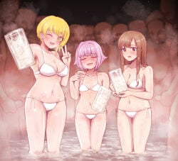 3girls 6+boys ;d absurdres after_ejaculation armpits bald beer_mug bikini blonde_hair blush breasts brown_hair clothed_female_nude_male collarbone commentary_request cum cum_in_container cum_in_cup cup faceless faceless_male hair_flaps halterneck hand_on_own_penis highres holding holding_cup idolmaster idolmaster_cinderella_girls koshimizu_sachiko long_hair looking_at_viewer medium_breasts miyamoto_frederica mizumoto_yukari mug multiple_boys multiple_girls navel nude one_eye_closed onsen purple_hair side-tie_bikini_bottom small_breasts smile steam stomach straight_hair swimsuit thighs tomawarinosuizou v wading white_bikini