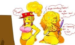 1girls 2d basslapping belly bikini blush breasts chubby chubby_female cleavage colored_sketch curly_hair cute cute_face elliot_(work_at_a_pizza_place) english_text feet female female_only hair_beads long_hair panties pink_bra pizza_bikini puffy_hair roblox roblox_game robloxian rule_63 sketch solo stomach text thick_thighs thighs thought_bubble underwear work_at_a_pizza_place worried yellow_skin