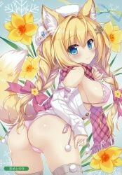 1girl ahoge ameto_yuki animal_ear_fluff animal_ears ass blonde_hair blush bra braided_hair breasts flower flower_background fox_ears fox_girl fox_tail hair_ornament hat highres large_breasts looking_at_viewer low_twin_braids open_shirt open_sweater original panties scarf shirt side-tie_panties sideboob small_but_busty sweater tail thighhighs tied_hair twintails underwear