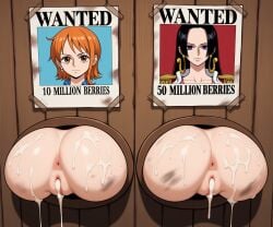 2girls after_sex ai_generated anus ass_focus big_ass boa_hancock cum cum_in_pussy cum_on_body dirty female female_only free_use glory_wall nami_(one_piece) one_piece only_female portrait_on_wall poster self_upload stable_diffusion stuck_in_wall through_wall vagina wanted_poster wooden_wall