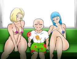 1boy 2girls android_18 bald bare_arms bare_legs big_breasts bikini bikini_top breasts curvy derivative_work dragon_ball dragon_ball_z female human humanoid krillin kuririn large_breasts male maron moderngero56 muscular_male no_eyewear nude nude_female nude_female_clothed_male size_difference thick_thighs wide_hips