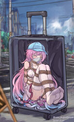 1girl absurdres arms_behind_back bare_shoulders baseball_cap bdsm blue_hair blue_hat blurry blurry_background blurry_foreground bondage bound bound_arms bound_legs breasts closed_eyes commentary_request crop_top crying cyrene_(anta)_(honkai:_star_rail) cyrene_(demiurge)_(honkai:_star_rail) cyrene_(honkai:_star_rail) dated facing_viewer foot_fetish gag gradient_hair hat highres honkai:_star_rail honkai_(series) in_container large_breasts long_hair multicolored_hair nero_augustus no_shoes official_alternate_costume outdoors panties pink_hair pink_sports_bra pussy_juice pussy_juice_puddle restrained road rolling_suitcase sex_toy shibari sitting skirt sports_bra street suitcase sweat thighhighs trembling twitter_username underwear very_long_hair vibrator white_panties white_skirt white_thighhighs x-ray