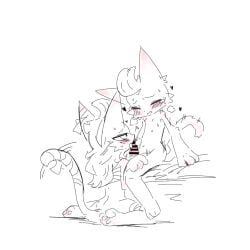 ambiguous_gender anthro bandage bandaged_chest bandaged_ear bandaged_leg bandaged_tail bed blush censor_bar d'arktanyan_(the_battle_cats) d'artanyan_(the_battle_cats) domestic_cat duo felid feline felis fellatio front_view furniture head_between_legs head_tuft heart_symbol hi_res kneeling licking licking_tip looking_up male mammal nude nude_anthro nude_male open_mouth oral pawpads paws penile penis_in_mouth ponos_corp. rear_view sex simple_background sitting tail tail_motion tailwag the_battle_cats tongue tremble_lines tuft u-naduki