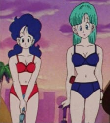 2girls blue_bra blue_hair blue_panties bra bulma_briefs dragon_ball female female_only green_hair lunch_(dragon_ball) panties red_bra red_panties screenshot_edit underwear underwear_only
