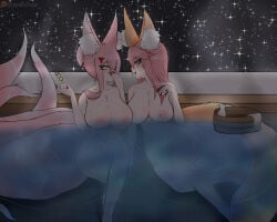 tamamo_no_mae_(fate) character:kinu_no_mae fate_(series) fate/grand_order fate/extra fate/extra_ccc original original_character oc kitsune 9_tails fox_ears fox_tail pink_hair yellow_eyes golden_eyes wife wedding_ring mother_and_daughter onsen dango hair_ornament hairclip large_breasts self_upload kitsune_no_shujin patreon patreon_username night nude exposed_breasts nipples
