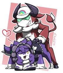 after_transformation amber_eyes ass_up burnet_(pokemon) chabble chin_beard fakemon grabbing_ass grabbing_from_behind hat heart heart_symbol hooves implied_transformation indeedee looking_back maid maid_apron maid_outfit maid_uniform nipples_peek pokemon post-transformation post_transformation professor_kukui purple purple_hair purple_nipples sex sex_from_behind sunglasses tail transformation white_body