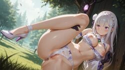1girls ai_generated embarrassed emilia_(re:zero) female female_only gray_hair long_hair medium_breasts one_leg_up pussyfur18 re:zero re:zero_kara_hajimeru_isekai_seikatsu removing_clothing sexy sexy_female sexy_pose slim solo spread_legs spreading torn_clothes torn_clothing violet_eyes