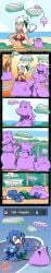 pokemon pokemon_(species) burnet_(pokemon) popplio ditto big_ditt_(chabble) transformation malfunction amber_eyes tan_body white_hair bikini bikini_top comic dialogue sunglasses transformation_by_slime shrinking blue_body blue_hair round_nose blue_nipples seal beach ocean detailed_background game_mechanics headwear large_breasts no_legs candy rare_candy pokemon_speak chabble