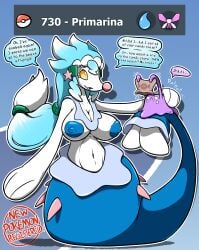 after_transformation amber_eyes anthro bag big_ditt_(chabble) blue_hair burnet_(pokemon) chabble crying ditto flipper_hands flippers human_to_pokemon mermaid mermaid_tail multicolored_hair patting_head pokemon pokemon_(species) pokemon_transformation post-transformation primarina sad sitting_on_tail transformation white_body white_hair