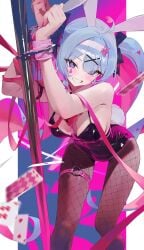 big_breasts blue_hair boobs breasts bunny_ears bunny_girl bunnysuit cards fishnet_legwear fishnets handcuffs hatsune_miku jeonghee1414 legwear pale_skin pole rabbit_hole_(vocaloid) shackles smile smiling smiling_at_viewer white_skin