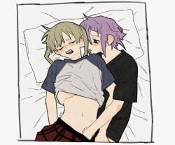 1girls 1other artist_name bed bed_sheet blonde_hair blush border breast_grab closed_eyes color crona_(soul_eater) exxska_1 female_torso finger_fuck fingering fingering_partner fully_clothed half-closed_eyes hand_in_another's_panties hand_in_panties hand_under_clothes highres implied_fingering long_hair looking_at_partner looking_pleasured lying lying_on_back lying_on_bed lying_on_side maka_albarn pink_hair ponytail purple_eyes romantic romantic_couple shirt_lift skirt soul_eater sweatdrop tied_hair trembling twintails viewed_from_above vulva_handjob watermark